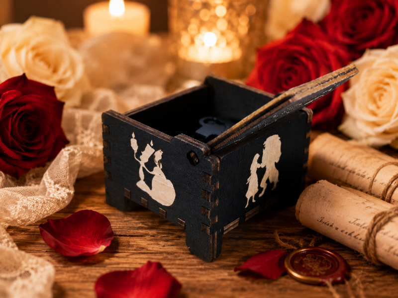 Load image into Gallery viewer, Beauty and the Beast Tale as Old as Time Wind-Up Wooden Music Box
