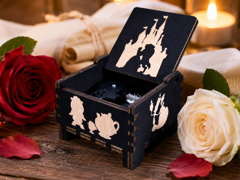Load image into Gallery viewer, Beauty and the Beast Tale as Old as Time Wind-Up Wooden Music Box
