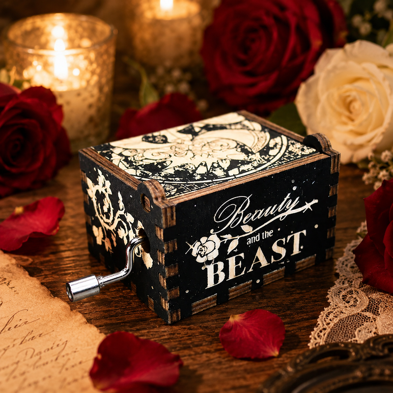Load image into Gallery viewer, Beauty and the Beast Enchantress Tale as Old as Time Manual Wooden Music Box
