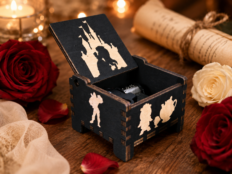 Load image into Gallery viewer, Beauty and the Beast Tale as Old as Time Wind-Up Wooden Music Box
