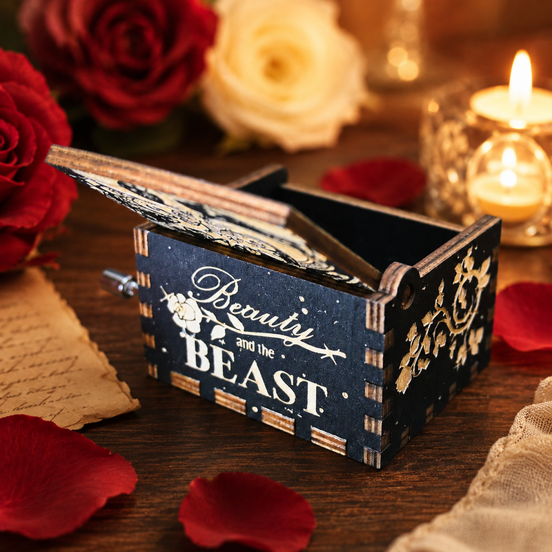 Load image into Gallery viewer, Beauty and the Beast Enchantress Tale as Old as Time Manual Wooden Music Box
