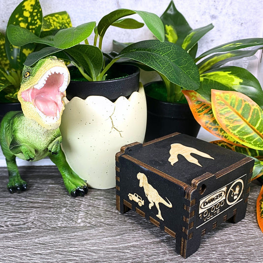 Jurassic Park: Join Alan Grant, Ellie Sattler, and Ian Malcolm on a tour of an island theme park filled with genetically resurrected dinosaurs. Get ready for an adventure with our iconic music box by MarketPlaceFad - Malaura Ashley.