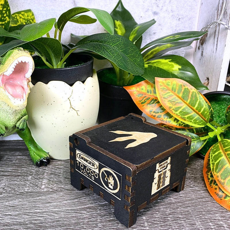 Load image into Gallery viewer, Jurassic Park: Join Alan Grant, Ellie Sattler, and Ian Malcolm on a tour of an island theme park filled with genetically resurrected dinosaurs. Get ready for an adventure with our iconic music box by MarketPlaceFad - Malaura Ashley.
