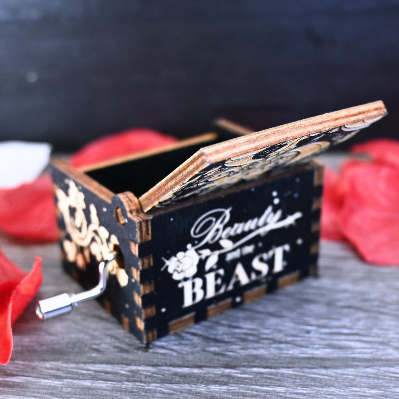 Load image into Gallery viewer, Beauty and the Beast Music Box Manual Crank Wood Custom Personal Engagement Wedding Anniversary Song Tale as Old As Time THE ENCHANTRESS
